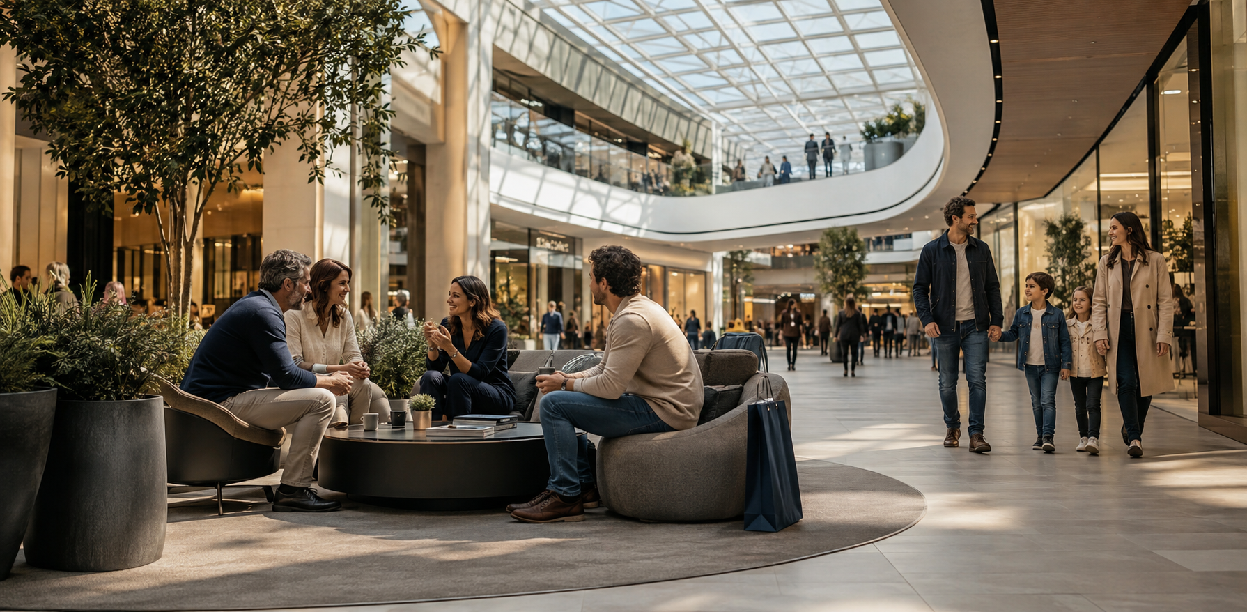 Persone che si incontrano in una galleria commerciale contemporanea vissuta come spazio di relazione