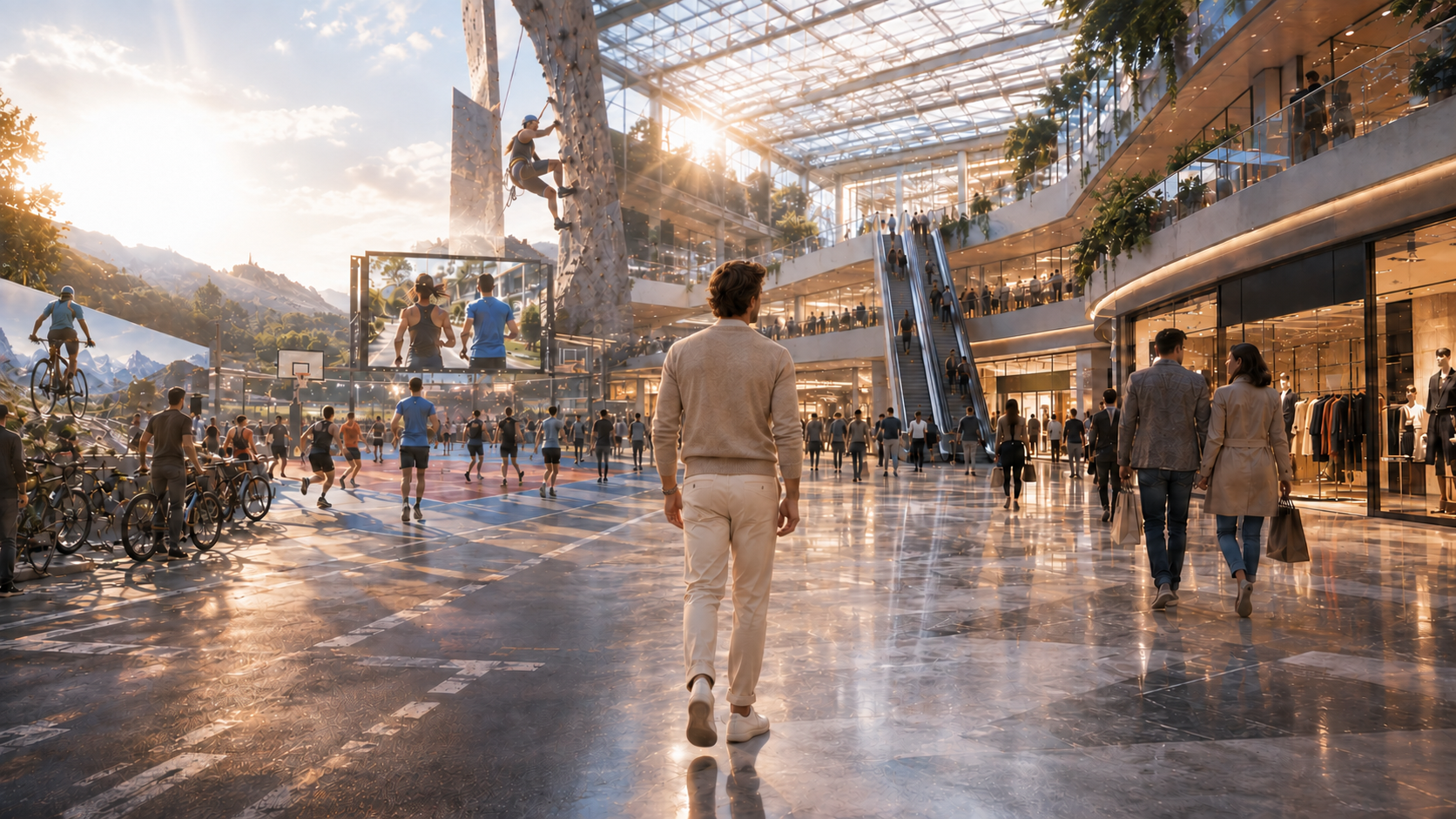Una persona attraversa un centro contemporaneo dedicato a shopping, sport e benessere