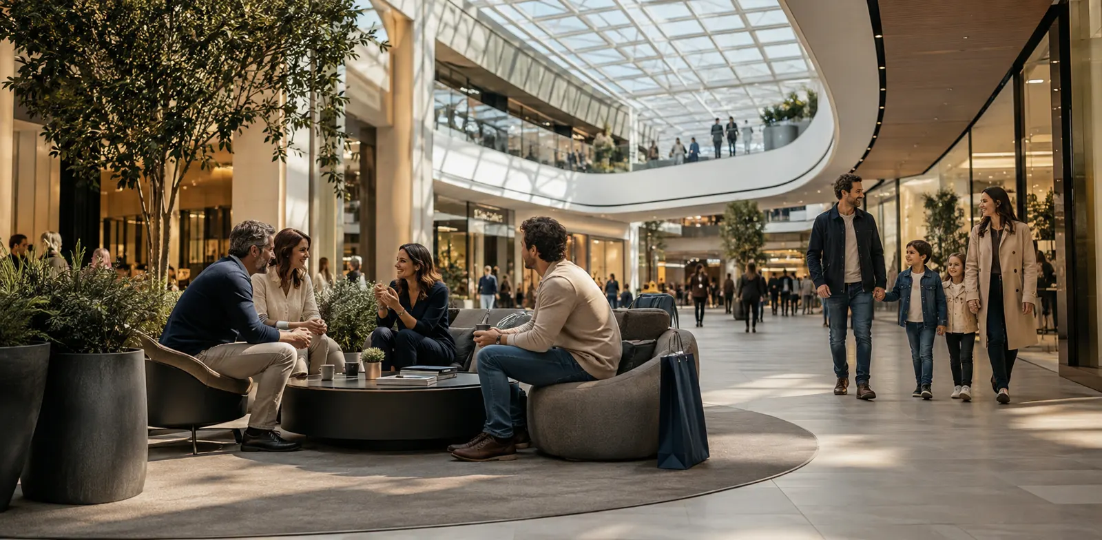 Persone che si incontrano in una galleria commerciale contemporanea vissuta come spazio di relazione