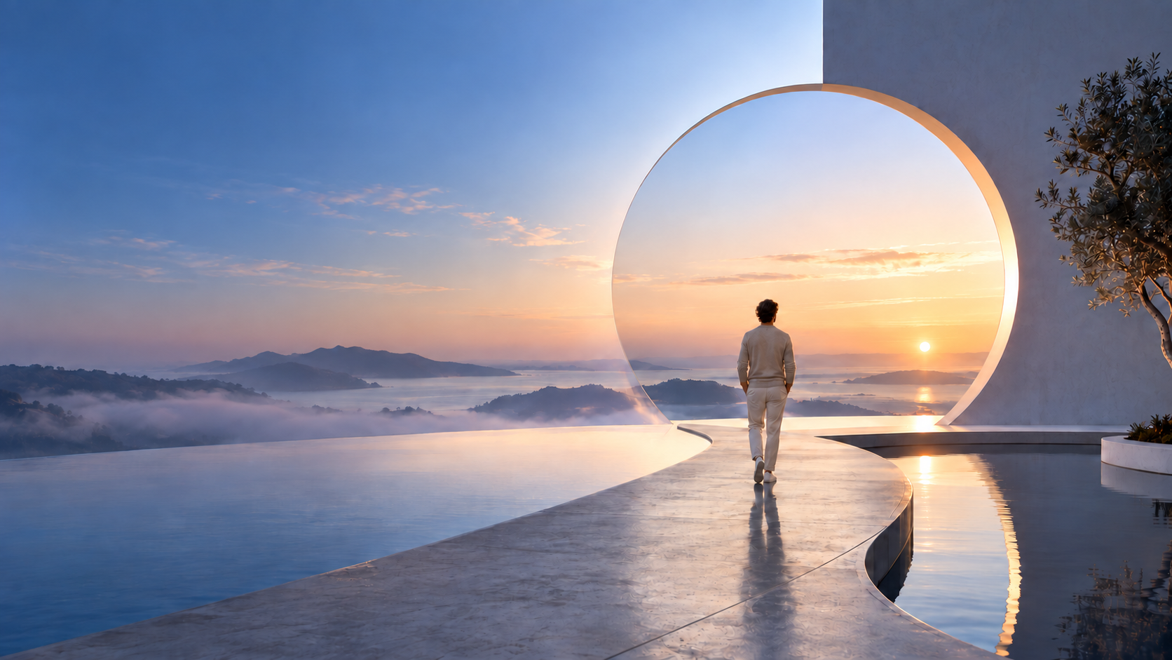 Una persona cammina verso un portale circolare al tramonto