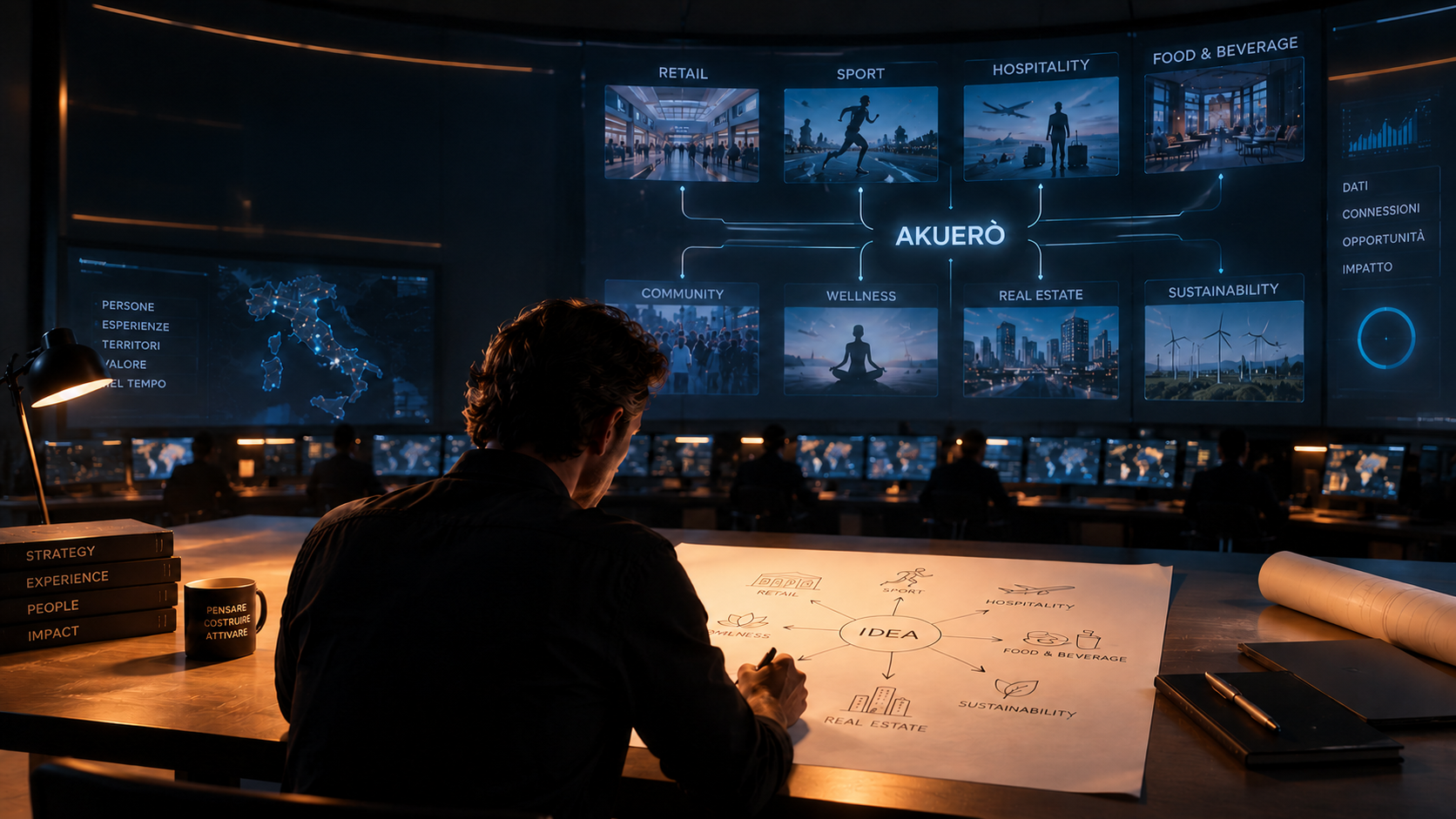 Un professionista progetta una strategia davanti a una mappa dei mercati